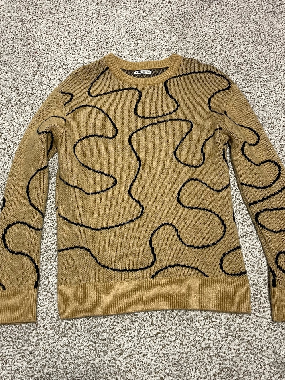 Zara Men Tan Crewneck Sweater with Black Abstract Lines